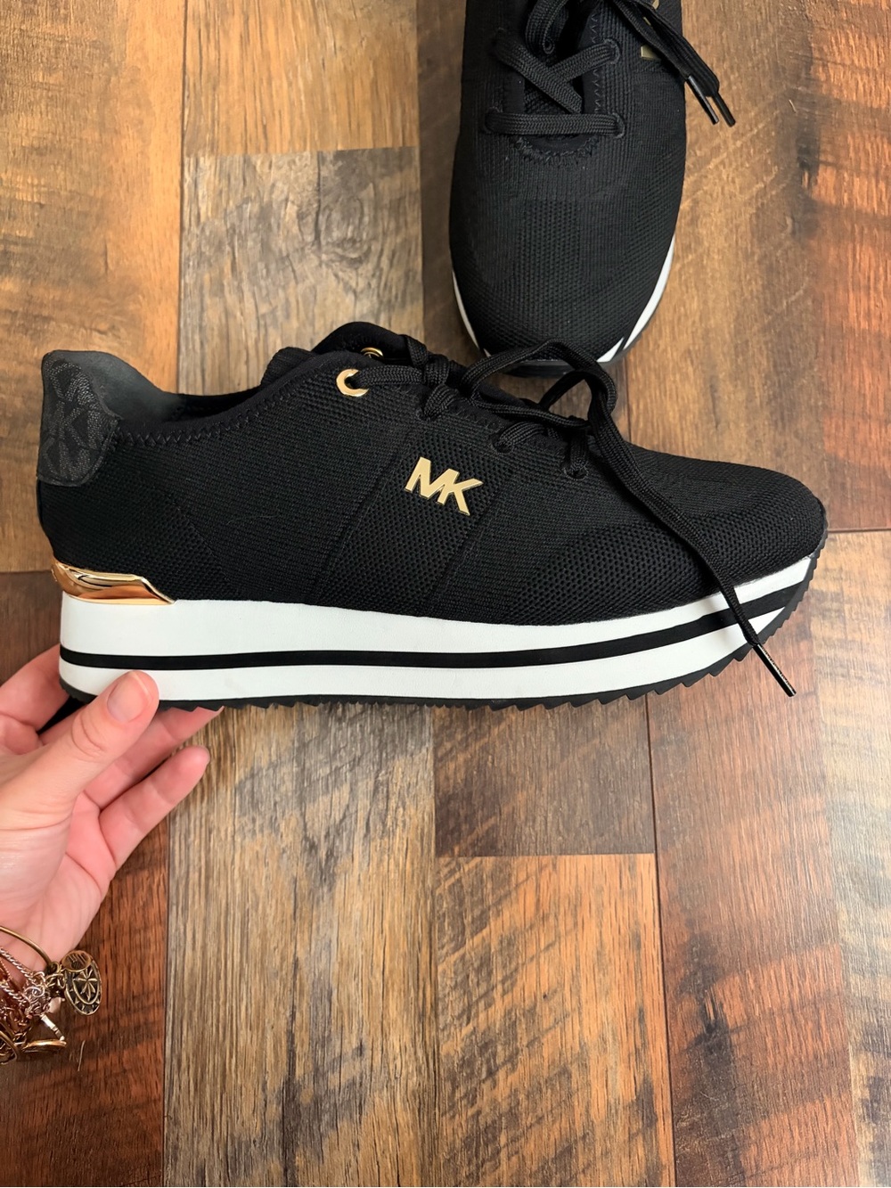 Michael Kors Black Knit Platform Sneakers with Gold Accents 8.5 M